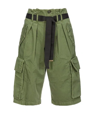 Pinko Belted Cotton Cargo Shorts In Green