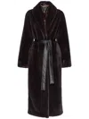 Pinko Brown Coat With Shawl Revers And Belt In Ecofur Woman In Black