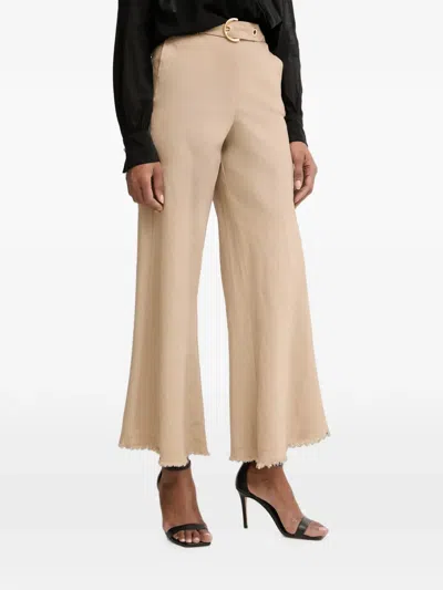 Pinko Belted Frayed-hem Trousers In Brown