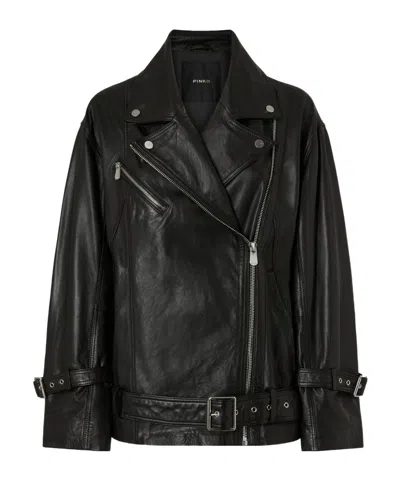 Pinko Belted Leather Biker Jacket In Black