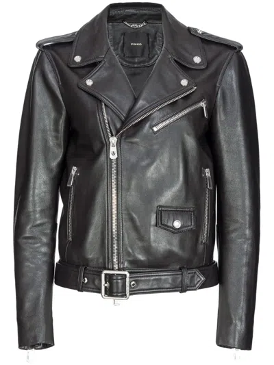 Pinko Belted Leather Biker Jacket In Black