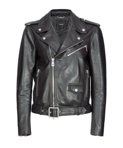 Pinko Belted Leather Biker Jacket In Black