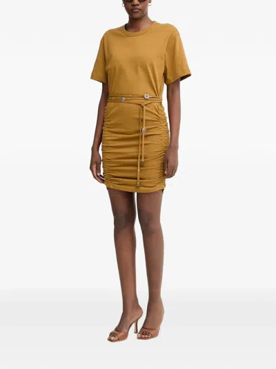 Pinko Belted Ruched Mini Dress In Brown