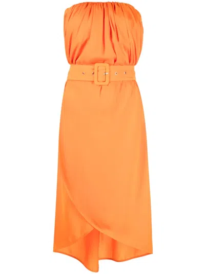 Pinko Belted Strapless Midi Dress In Orange