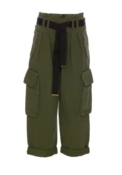 Pinko Belted Waist Pleated Edge Cargo Pants In Green