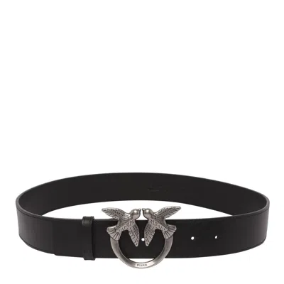 Pinko Love Birds High Leather Belt 4cm In Noir-vieil Argent