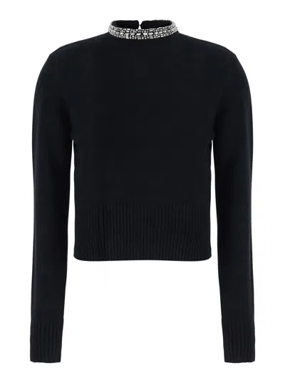 Pinko Berlino Cropped Fitted Wool Sweater With Rhinestone Neck Detail In Black