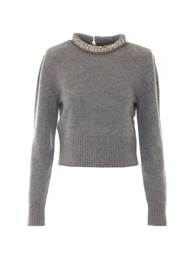 Pinko Knitted Grey Pullover Sweater With Bead Embellishments In Gray