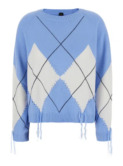Pinko Berna Wool-cashmere Argyle Crewneck Sweater With Perforated Hand-stitched Details In Blue