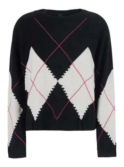 Pinko Berna Wool-cashmere Sweater With Argyle Motif And Perforated Details In Black