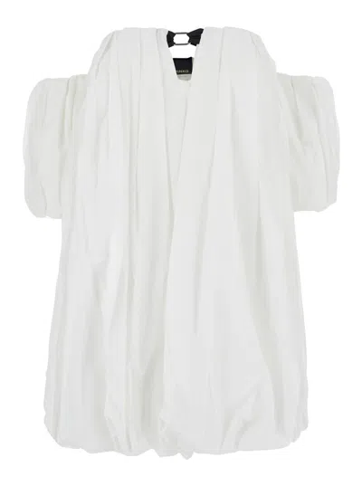 Pinko Bert White Dress With Exposed Shoulder Design And Removable Sleeves With Button In Cotton Woman