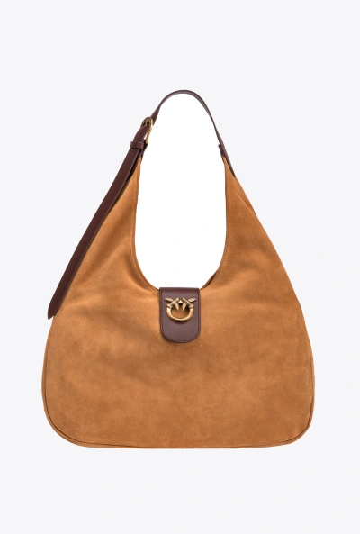 Pinko Big Hobo Bag In Suede And Leather In Brown - Lion-antique Gold