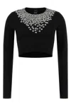 Pinko Cropped Sweater With Sequins And Crystals In Black