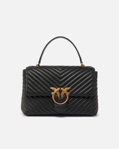 Pinko Big Lady Love Bag Puff Chevron In Black-antique Gold