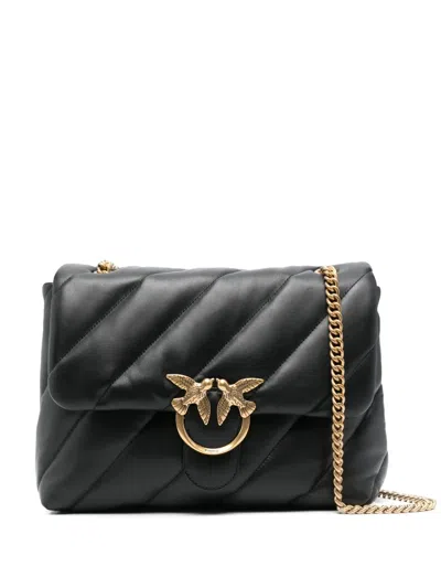 Pinko Quilted Black Calf Leather Shoulder Bag With Signature Love Birds Buckle