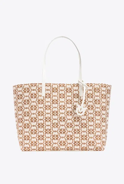 Pinko Big Shopper Bag In Monogram Raffia In Beige/marron-or Antique