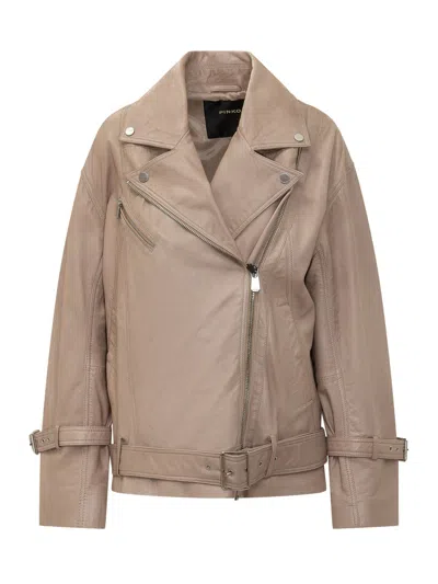 Pinko Biker Jacket With Belt And Zip In Brown