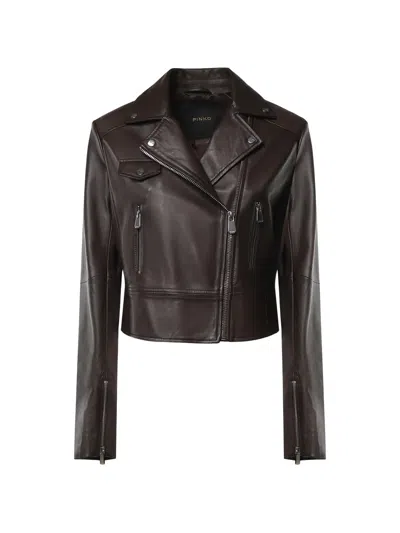Pinko Biker-style Leather Jacket In Brown