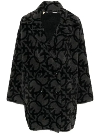 Pinko Black And Gray Toro Fur Double-breasted Coat With Logo