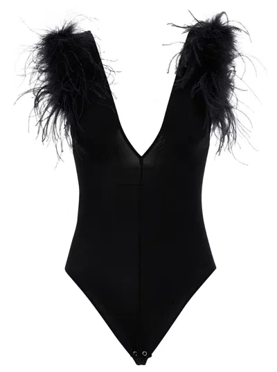PINKO BLACK BODYSUT WITH V NECKLINE AND FEATHERS IN LIGHTWEIGHT GEORGETTE WOMAN