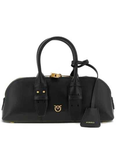 Pinko Bowling Bag Horizontal Black Handbag With Adjustable And Removable Shoulder Strap And Padlock Detail