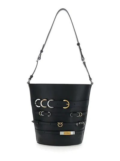 PINKO BLACK BUCKET BAG WITH LOVE BIRSA DIAMOND CUT PLAQUE ON THE FRONT AND STRAPS