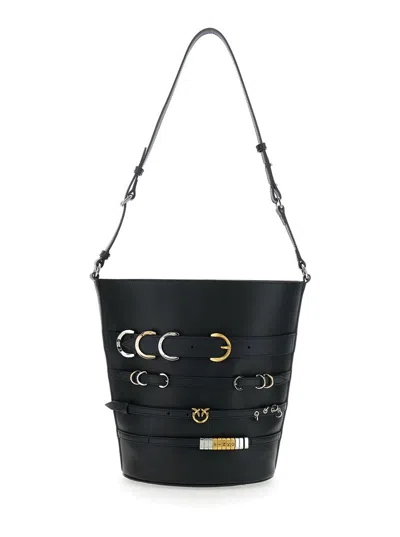 PINKO BLACK BUCKET BAG WITH LOVE BIRSA DIAMOND CUT PLAQUE ON THE FRONT AND STRAPS IN LEATHER WOMAN