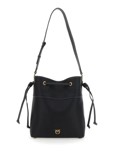 Pinko Black Bucket Bag With Metallic Love Birds Logo On The Front