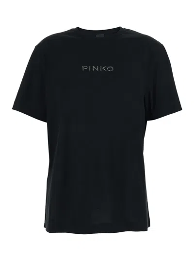 Pinko Black Crewneck T-shirt With Logo Lettering On The Front And Rhinestoned Lettering Print On The Rear 