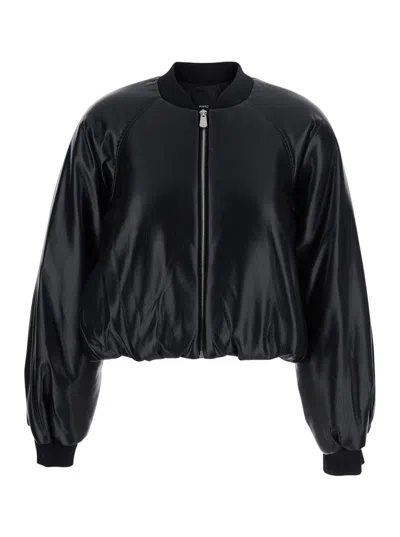 PINKO BLACK CROPPED BOMBER JACKET WITH FRONT ZIP CLOSURE IN ECOLEATHER WOMAN