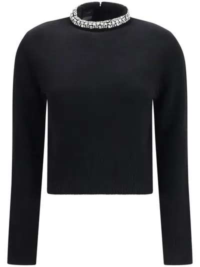 Pinko Black Cropped Wool Sweater With Embellished Neckline