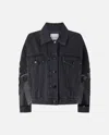 Pinko Black Denim Jacket With Organza Sleeves In Nero Limousine