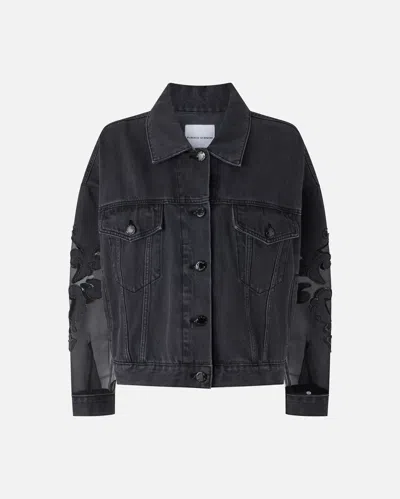 Pinko Black Denim Jacket With Organza Sleeves In Nero Limousine