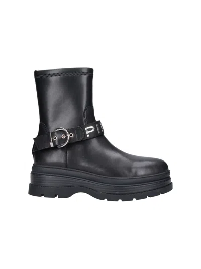 PINKO BLACK EVA 01 BUCKLE LEATHER BOOTS