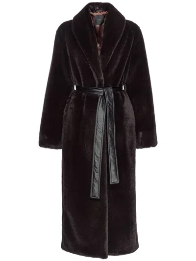 Pinko Brown Coat With Shawl Revers And Belt In Ecofur Woman