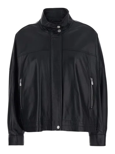 Pinko Black Jacket With High Collar And Side Zip Pockets In Leather Woman