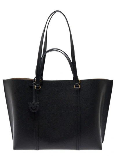 Pinko Black Large Tote Bag With Logo Charm In Grainy Leather