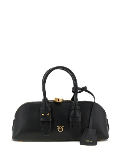 Pinko Bowling Bag Horizontal Black Handbag With Adjustable And Removable Shoulder Strap And Padlock Detail