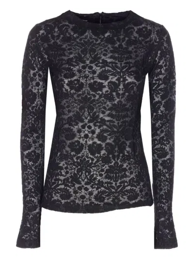 Pinko Black Marinara Lace Overlay Wool-blend Blouse In Grey