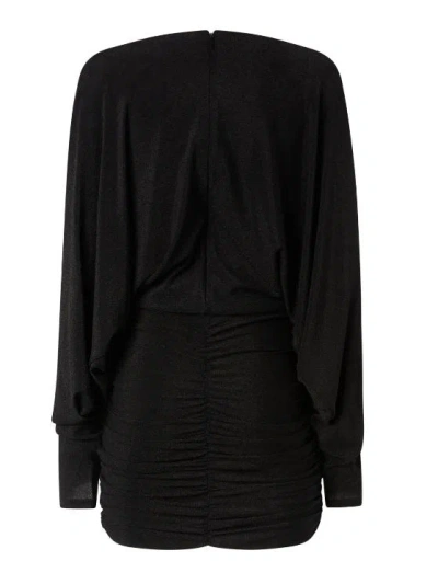 Pinko Black Metallic Draped V-neck Dress In Black/lurex Black