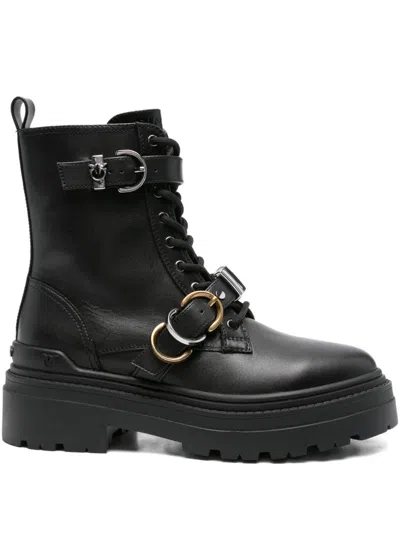 Pinko Black Mia 19 Lace-up Buckle Straps Calf Leather Ankle Boots