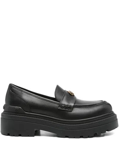 Pinko Black Mia 24 Rounded Toe Lug Sole Leather Loafers
