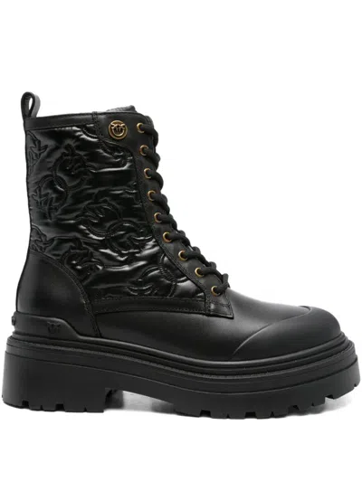 Pinko Black Mia 25 Embossed Leather Chunky Ankle Boots