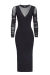 Pinko V-neckline Fitted Silhouette Midi Length Sheer Ruched In Black
