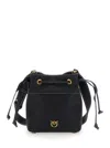 Pinko Black Mini Bucket Bag With Metallic Love Birds Logo On The Front In Hammered Leather Woman In Black