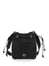 Pinko Black Mini Bucket Bag With Metallic Love Birds Logo On The Front In Hammered Leather Woman In Black