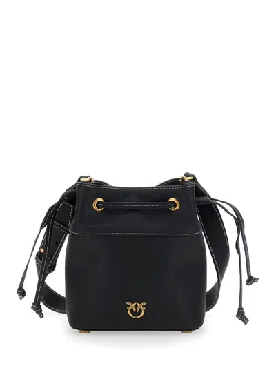 PINKO BLACK MINI BUCKET BAG WITH METALLIC LOVE BIRDS LOGO ON THE FRONT IN HAMMERED LEATHER WOMAN
