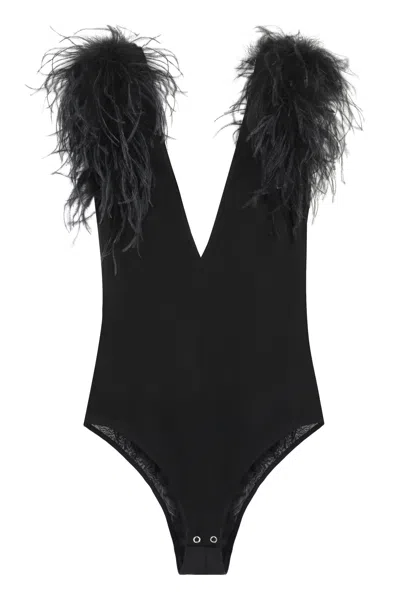 Pinko Black Ostrich Feather Sleeveless Bodysuit For Women