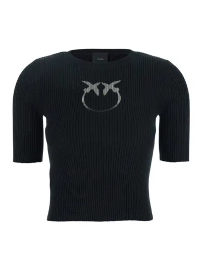 Pinko Black Ribbed T-shirt With Love Birds Logo On The Front In Silk And Cotton Blend Woman