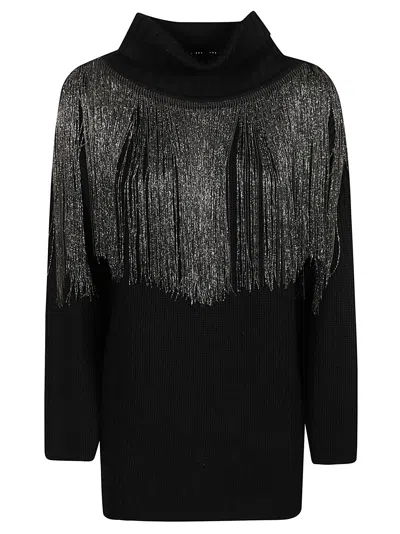Pinko Black Ribbed Turtleneck Sweater With Metallic Fringe Detail